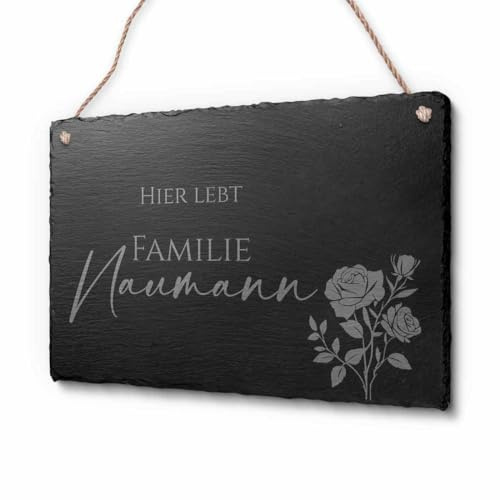Schöne Schiefer Türschilder für die Haustür mit Gravur | Schiefer-Schild mit Kordel zum Aufhängen in ca. 30x20 cm Gravierte Namensschilder Klingelschilder mit Namen oder Texten Herzlich Willkommen