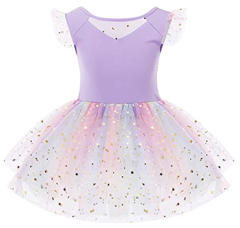 IMEKIS Kind Mädchen Regenbogen Ballettkleid Fliegenhülse Pailletten Gymnastik Trikot Ballettanzug Tanzbody Tüll Tutu Einteiliger Ballerina Dancewear Kostüm Lila 9-10 Jahre