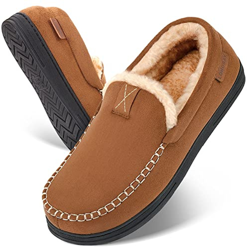 LongBay Mens Moccasin Slippers Memory Foam Warm House Shoes Indoor Outdoor | Micro suede upper, Thick faux fur lining, Durable rubber sole, Indoor outdoor, Home Office, Light outdoor, Ideal gift, Winter