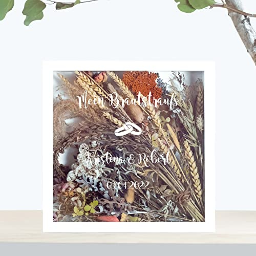 Bilderrahmen für den Brautstrauß | Ringe | individuell mit Ehering Symbol, Spruch und Namen | Hochzeit | Blumen | Erinnerung | Deko | Wanddeko