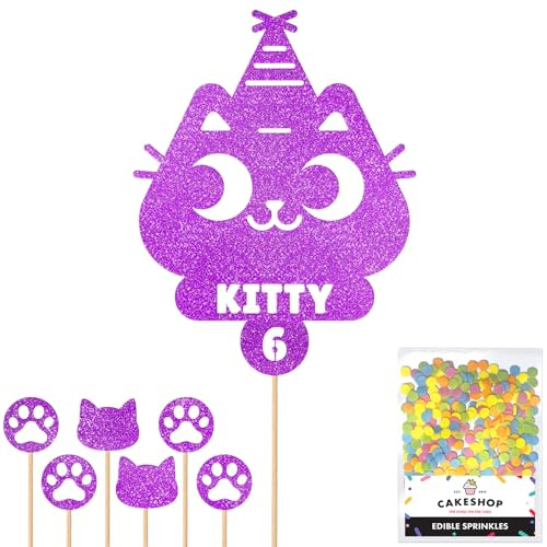 Personalised Birthday Cat Kitten Glitter Cake Topper- Purple Any Name & Age Glitter Cake Decoration and Sprinkles - Happy Birthday Decorations - Personalised Toppers for Cakes by Cakeshop