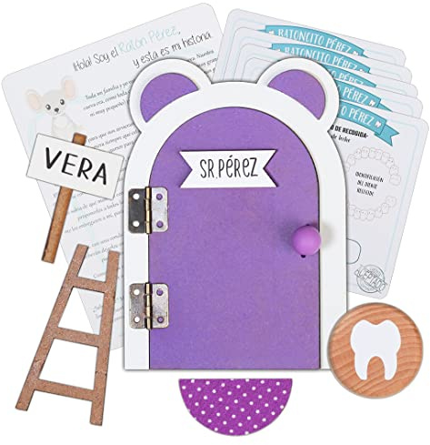 Puerta Ratoncito Pérez personalizable. Incluye escalera, alfombra, letrero con el nombre, cajita para dejar el diente, 5 certificados de recogida, historia del Ratoncito. LILA