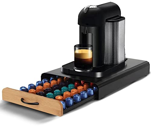 Bakaji Boîte porte-Capsule et Dosettes Café compatible avec tous les types de marques Structure en métal Noir Tiroir extractible en bois 26,5 x 39 x 6 cm
