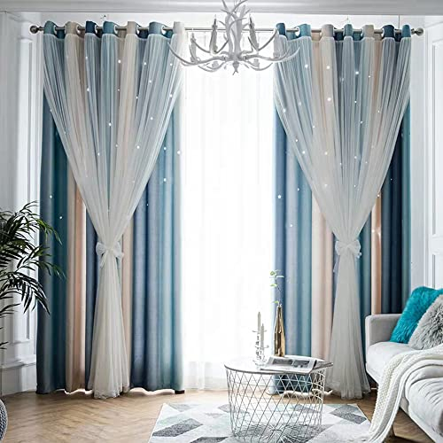 Freyamy Gardinen Blau Beige Weiß Glänzend Sterne Vorhänge Blickdicht Kinderzimmer Halbtransparent H 240 X B 132cm Ösenvorhang 2er Set Mädchen Kindervorhänge Gardinen Verdunkelungsvorhang Wohnzimmer