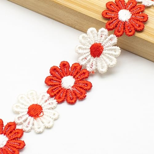 XCSJ 5 Yard 25mm Blumen Spitzenband Spitzenborte Stickerei (Rot, weiß) | Dekoband Zierband Borten Bänder Blumenband Gänseblümchen Dekoband Spitzen Spitzenborte Für Hochzeit Handwerk Nähen Deko