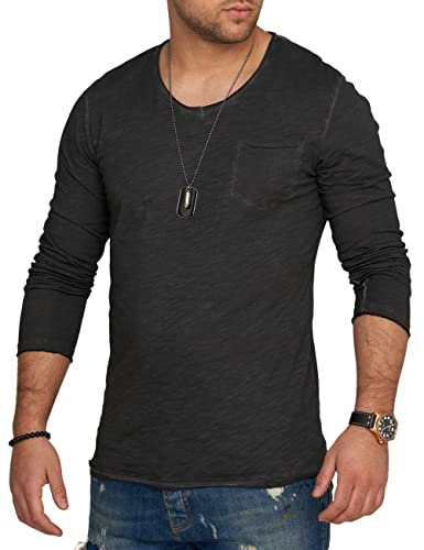 behype. Herren Langarm Shirt mit Brusttasche Longsleeve Langarmshirt T-Shirt V-Neck 3448-Schwarz-XXL