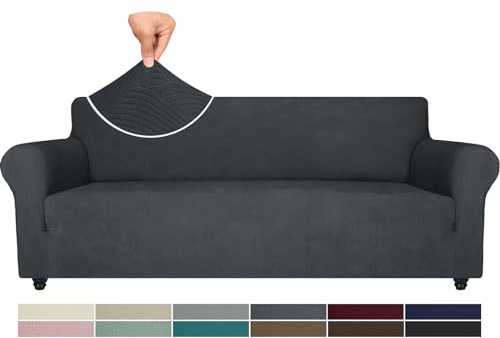 Ystyle Weicher Elastisch Sofabezug 4 Sitzer, Dunkelgrau | Sofaschoner Rutschfest, Universaler Couch Überzug mit Armlehnen, Moderne Sofa Cover, Waschbarer Sofahusse für Wohnzimmer