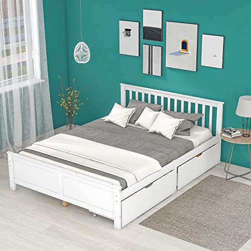 ZYLOYAL10 Erwachsenenbett, Holzbett, Einzelbett, Jugendbett, mit Schubladen zur Aufbewahrung, Rahmen aus Kiefernholz (140x200cm, Weiß)