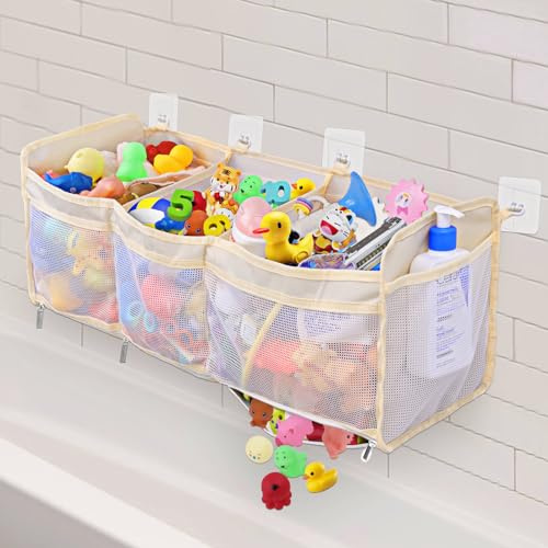 Dreamtop Badespielzeug-Aufbewahrungs-Organizer, Badespielzeug-Aufbewahrung mit 2 Seitentaschen, 3 Fächern, horizontal, große Öffnungen, Badespielzeug, ordentlich, Kinderspielzeug, Aufbewahrung,