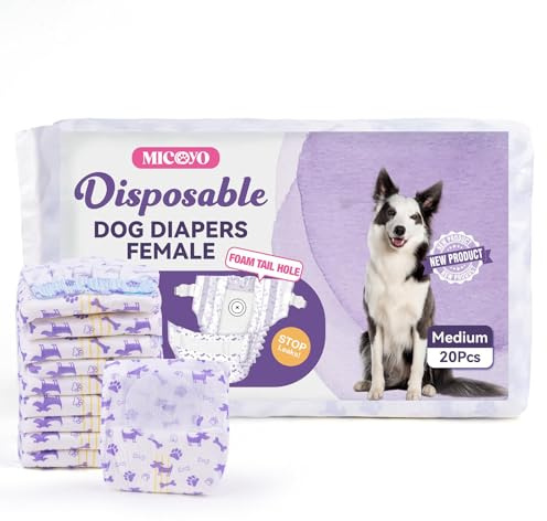 MICOOYO Pannolini Cane Femmina Monouso, Pannolini per Cani con apertura regolabile della coda, indicatore di umidità, Tuta per cuccioli e gatti in calore/addestramento(M,20 pezzi)