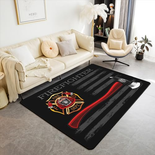 Jungen-Teppich zur Brandbekämpfung, 12,7 x 1,8 m für Nachttisch, Feuerwehr, Schlafzimmer, Dekoration, geometrische Streifen, rote Feueraxt, waschbarer Teppich für Büro, Badezimmer