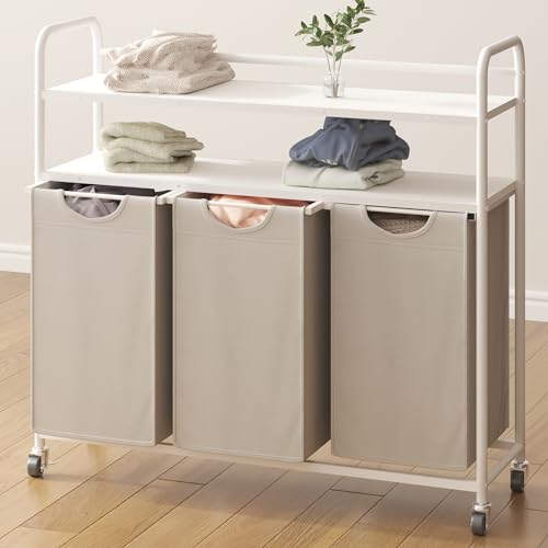 Hzuaneri Wäschekorb 3 Fächer, 3 x 46L, Wäschesammler mit 2 Ablagen, Wäschesortierer, Wäschesack ausziehbar und abnehmbar, pro Tasche 46 Liter, für Badezimmer, Waschküche, Weiß LB08603W