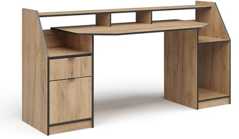Vicco Gaming-Tisch Joel, Goldkraft Eiche, 179.8 x 65.5 cm | mit 1 Schublade und 1 Tür, mit Ablageflächen für Zubehör und erhöhtem Monitoraufsatz