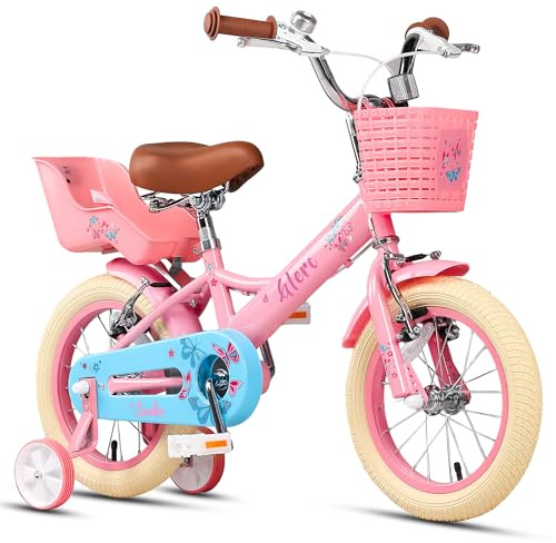 Glerc Sasha 16 tums barncykel för 4, 5- och 6- och 7-åriga flickor i retrovintagestil, barncyklar med dockcykelsäte och stödhjul och rosa stativ,