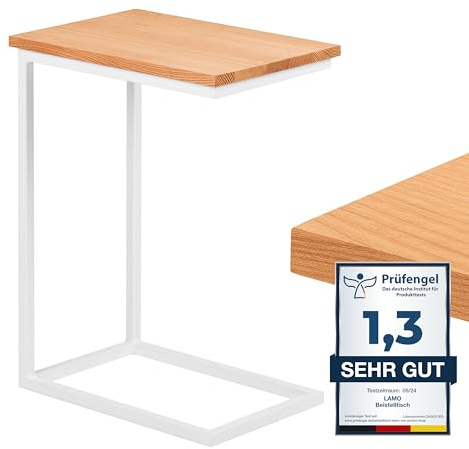 LAMO Manufaktur Beistelltisch | Laptoptisch | Sofatisch | mobiler Kaffeetisch | Nachttisch | 45x30x60 cm | Gestell Weiß | 100% Echtholz Massiv Platte Farbe: Natur