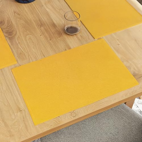 Encasa XO Juego de Manteles Individuales para Mesa de Comedor Set de 6 | Color Amarillo | Mantel de Algodón Acanalado Fino | Tamaño 48x32 cm | Lavable a Máquina