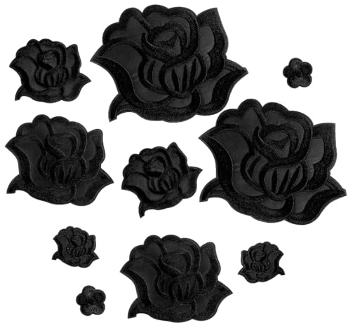 Qianyu 10 Pcs Iron on Rose Flower Patches for Clothes Designs Fabric Repair Flower Sew on Embroidered Patches with 5 Sizes Cool Applique Patches for Jacket Jeans Sweater Hats Shoes Bag (Black)