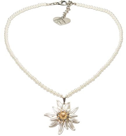 Heimatflüstern Trachtenkette Perle und Strass-Edelweiss 2-farbig - Damen Perlenkette, Dirndlkette fürs Oktoberfest, Trachtenschmuck zur Trachtenbluse und Lederhose (creme-weiß)