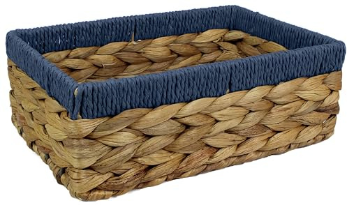 Rectangular Water Hyacinth Small baskets for storage Natural and Blue wicker basket shelves open Decorative gift box Small bathroom mini tray makeup bathroom Kitchen organiser (1, Medium 28cm)