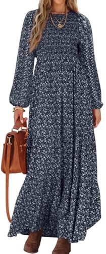 PRETTYGARDEN Women's Spring Dresses 2026 Long Sleeve Flowy Casual Floral Maxi Dress Crew Neck Smocked Tiered Long Dress (Navy, Medium)