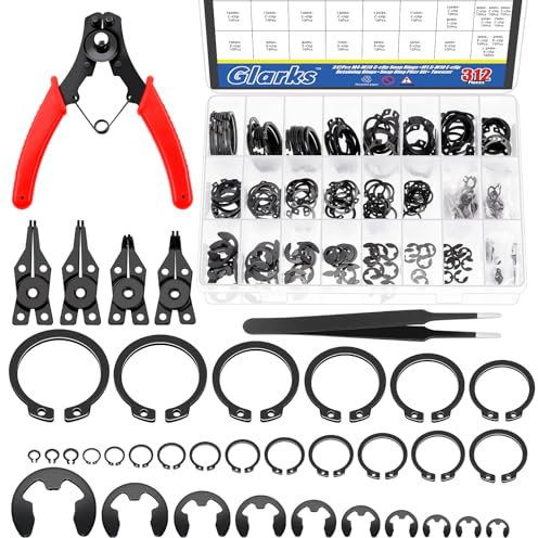 Glarks 312Pcs 65Mn-Steel Circlip Snap Retaining Clip and E-Clip Assortment with Snap Ring Plier Set, 4MM-28MM C-Clip External Retaining Rings and 1.5MM-10MM E-Ring Circlip Rings and A Tweezer