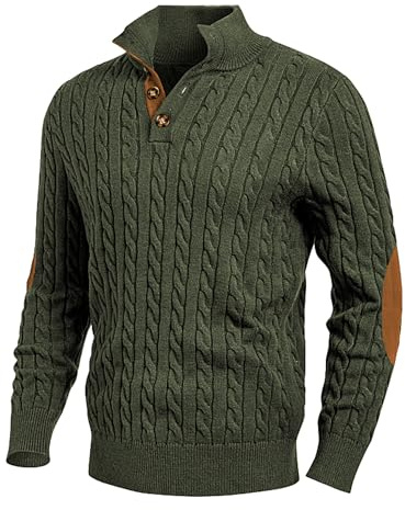 JMIERR Sweaters for Men Soft Cable Knit Casual Long Sleeve Essentials Vintage Slim Fit Stand Collar Button Pullover Fisherman Sweater, L, Green