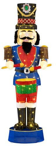 GYMAX Soldato Schiaccianoci di Natale 185 cm, Soldatino Illuminato con 100 Luci LED a Luce Calda Bianca, Decorazioni Natalizie con Tamburo, Figura Illuminata per Interni ed Esterni (Soldato-3)