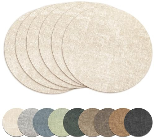 13 Round Placemats Set of 6, Reversible Faux Leather Heat Resistant Table Mats, 100% Waterproof Oilproof Wipeable Table Protective Placemats for Vinyl, Washable for Indoor & Outdoor Use (6, Beige)