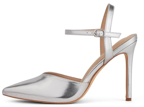 GENSHUO Elegantes Tacones Altos con Punta Puntiaguda y Stiletto de 10 cm, Zapatos de Mujer Sexy con Correa en el Tobillo para la Noche, PU Plateado, 40 EU