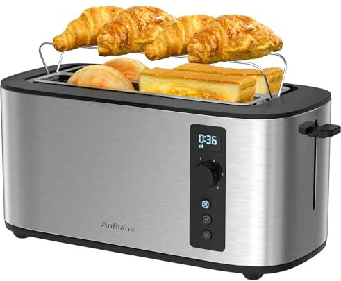 Anfilank Toaster 4 Slice, Countdown Timer, 6 Browning Settings, Built-in Warming Rack, Defrost/Reheat/Cancel Functions, Removable Crumb Tray, Stainless Steel