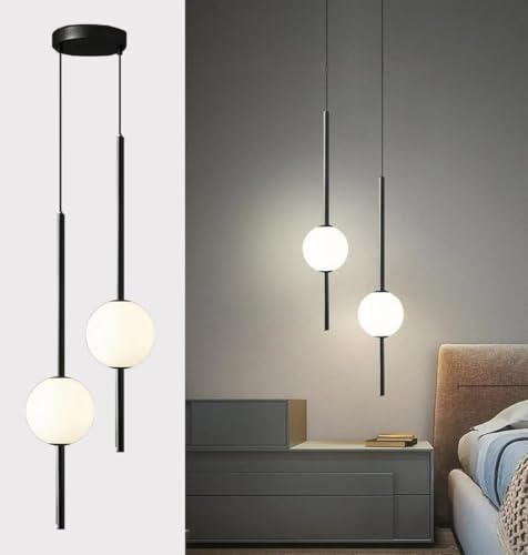Modern Pendelleuchte Kugel, Nordisch Nachttisch Hängelampe Schlafzimmer Einfache Lange LED Sphärische Deckenlampe Schwarz Metall, für Esszimmer, Wohnzimmer, Kücheninsel, Loft 2 Lichter