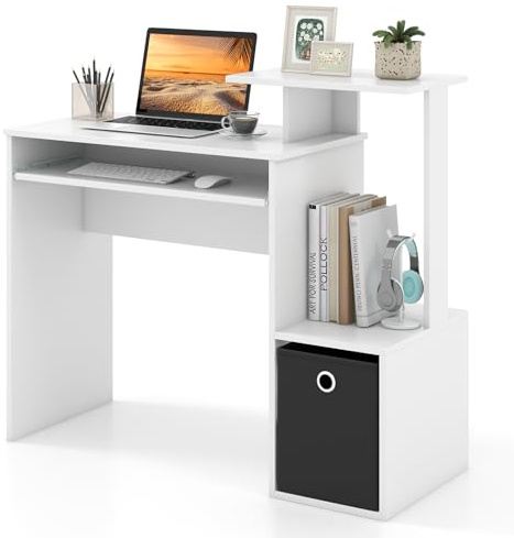 GIANTEX Scrivania per computer con vassoio tastiera, scrivania per computer con ripiano portaoggetti, cassetto in tessuto rimovibile, angoli arrotondati, postazione di lavoro per piccoli spazi, bianco