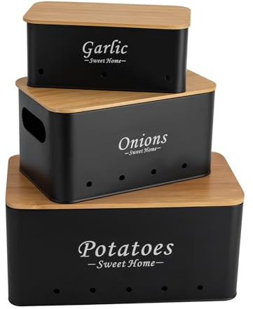 SUONTY Juego de 3 cajas de almacenamiento para patatas, cebollas, ajos con tapa de bambú, apilable, caja de verduras, con orificios de ventilación