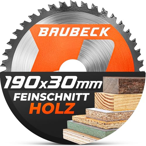 BAUBECK Sägeblatt 190x30 +16/20/25.4mm Reduzierringe, 48Z, 1.6mm Schnitt in Holz mit Handkreissägen, wie Bosch GKS 190, PKS 66 A / 66 AF, Parkside PHKS 66 kompatibel, Kreissägeblatt 190