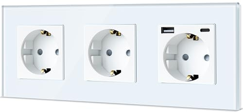 TAWOIA Schuko Steckdose,EU-Standard 3 Fach Steckdosen mit USB Type C (MAX 20W) Schnelllade Schnittstelle mit Kristall Glas Platte 3er Wandsteckdosen Weiß 86 * 228mm
