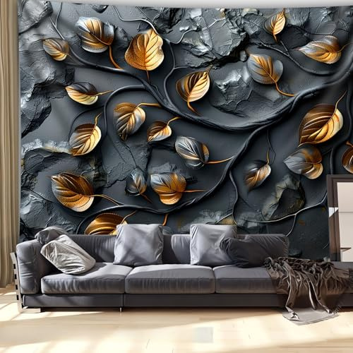 Arsey Wandteppich mit goldenen Blättern Perfekt für Schlafzimmer Wohnungs Wohnzimmer Modern Home Deko, Schwarz, groß 200 x 150cm
