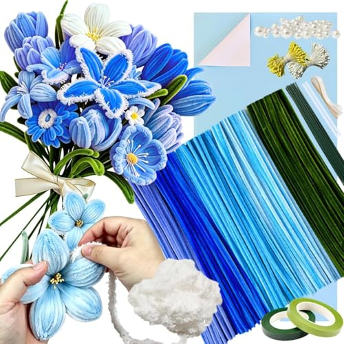 5 Farben Blau Pfeifenreiniger Blumen Set,300 Pcs Pfeifenputzer zum Basteln | Verlaufsblau. Inkl. Wolle, Perlen, Staubblatt, Blumendraht, Klebeband, Blumenpapier, Schleifenband,Pipe Cleaner Flower Set