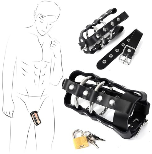 PIYAEIE Male Chastity Cage Stainless Steel Lockable Cock Cage with Leather Straps, Adjustable Penis for Men Chastity Play & Fetish Training