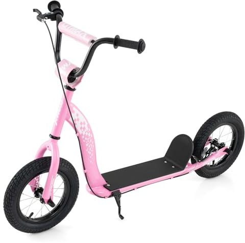 GYMAX Scooter, Kick Scooter for Adults, Teens, Kids with Adjustable Handlebar, 12” Inflatable Wheels, Front Caliper Brake & Non-Slip Deck, Heavy Duty Off-Road Scooter (Pink)