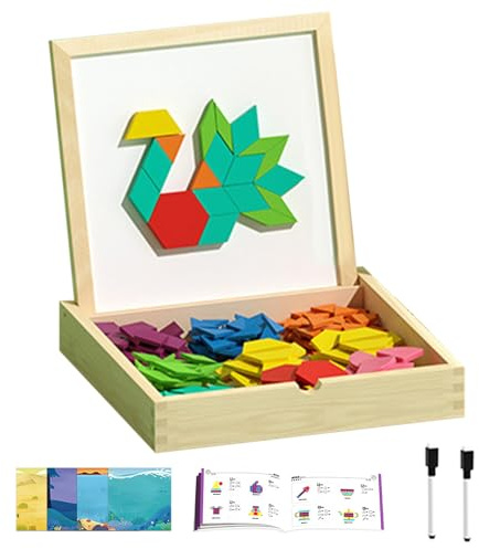 Qiwieod Set di blocchi magnetici in legno, giocattolo educativo per la matematica | Set di magneti creativi in legno con blocchi di motivo, per bambini e bambine dai 4 agli 8 anni