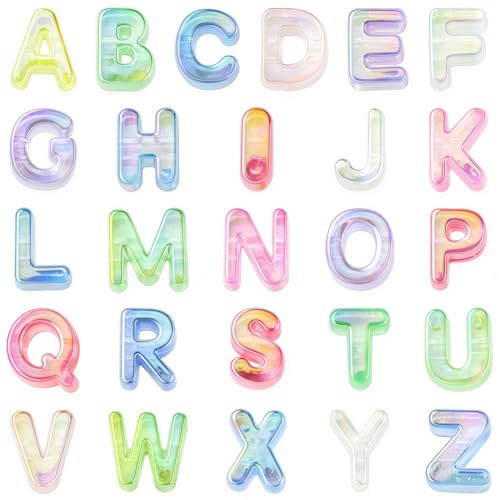 SOFPLATE 26 Stück Große Acryl Buchstabenperlen Mehrfarbig Regenbogenfarben Große Löcher Initialen Anhänger Lose Abstandshalter Für Schmuckherstellung Armbänder Halsketten Schlüsselanhänger Lanyard Dek