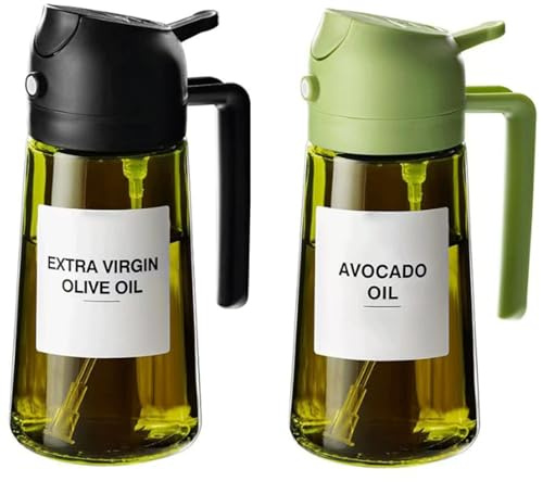 Ölsprüher und Ölspender – 470 ml Glasflasche, Lichtdichter Öl Sprühflasche für Küche, Airfryer & Heißluftfritteuse, Kochen, Salat und BBQ, Antitropf-Design,schwarz-grün-2 Stück