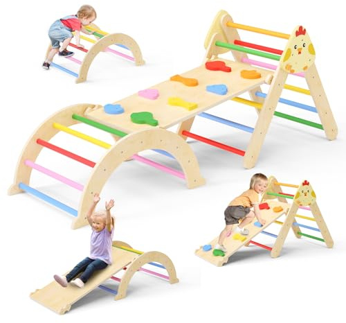 5-in-1 Montessori Klettergerüst Set mit Doppelseitiger Rutsche und Kletterdreieck Set als Vielseitiges Montessori-Inspiriertes Bewegungsspielzeug Montessori Klettergerüst