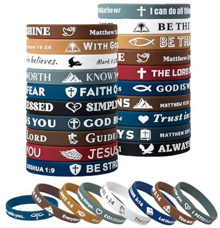 20 Braccialetti In Silicone con Versi Biblici, Braccialetti In Gomma Bibbia,Elastici d'ispirazione Religiosi di Gomma per Scuola Insegnante Squadra Festa Natale Pasqua