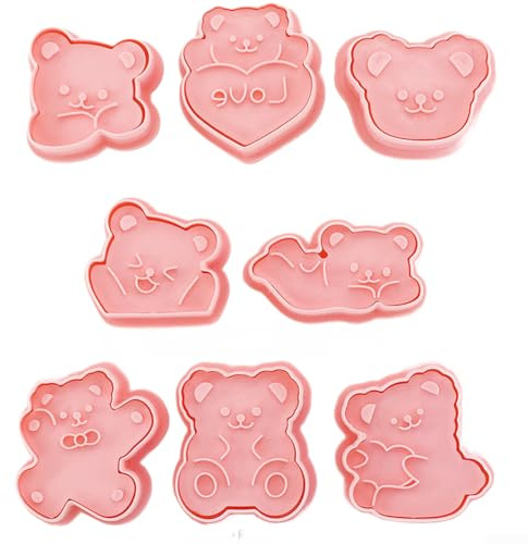 Juego de 8 cortadores de galletas en forma de oso de dibujos animados, herramientas de hornear de polipropileno seguras para alimentos para galletas y galletas, moldes de animales lindos para niños y