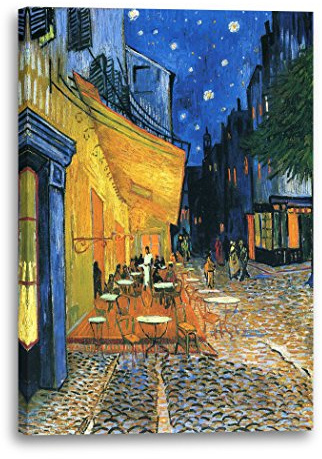Printed Paintings Hochwertiges Leinwandbild (80x120cm): Vincent van Gogh - Nachtcafé/Nachts vor dem Café an der Place du Forum in Arles (1888)