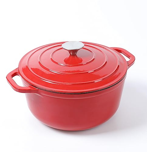 HAWOK Horno holandés de hierro fundido esmaltado con tapa, 5 cuartos de galón, horno holandés redondo profundo con asas dobles, rojo