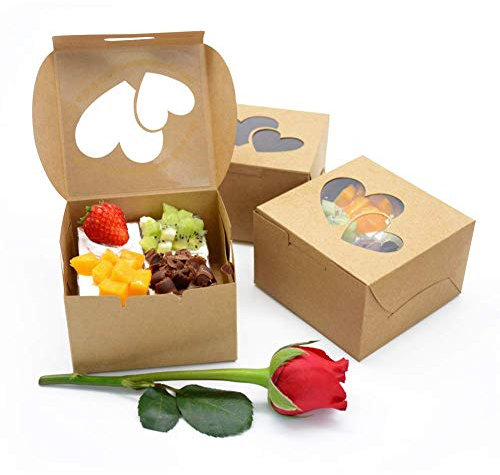 WEEPA Keks-Boxen für Bäckereien, 25 Stück, Kraftkartons mit doppeltem Herz-Fenster, Hochzeitsgeschenk-Verpackung, Schachteln für Babyparty, Leckereien, 10.2x10.2x6.3 cm (Herz)