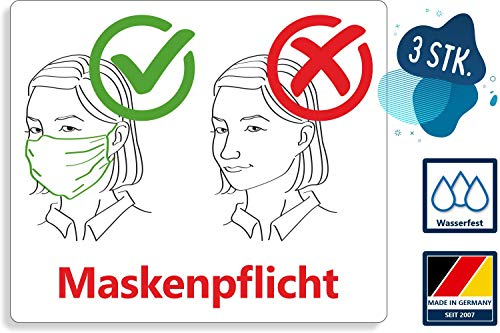 3 Stück Hinweis Aufkleber | Maskenpflicht! - mit Piktogramm | PVC Warnhinweis UV-beständig und wasserfest | 20 x 17 cm | für Außen und Innen geeignet | Corona Warnschild