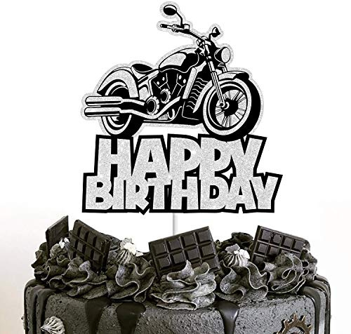 Motorcycle Cake Topper Happy Birthday Silver Flash Decoration boy girl party Decora Supplies